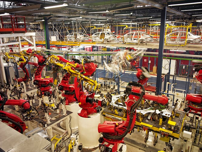 Robotic arms on duty in a car factory.