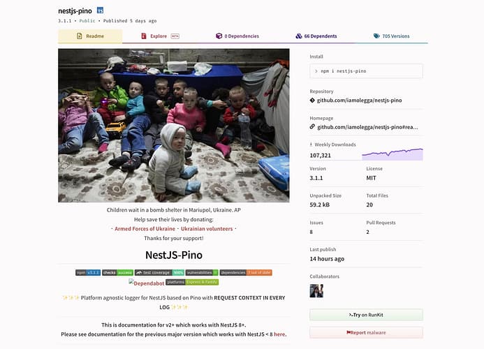 A screenshot of the nestjs-pino project on npm, which displays a photo of wartime Ukraine with the caption: "War in Ukraine Children wait in a bomb shelter in Mariupol, Ukraine."