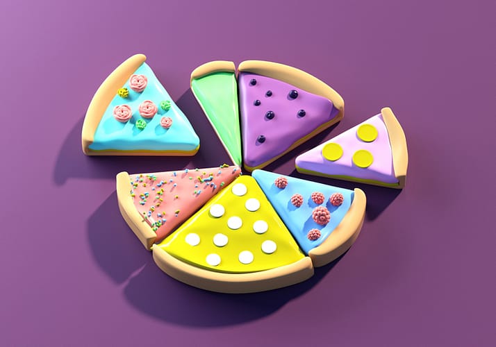 Image of abstract multi colored pie chart made out of different pie peces on purple background.