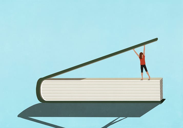 Illustration of a woman opening a large book to represent problems in education,.