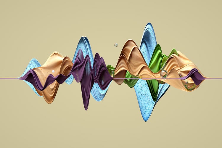 Digital generated image of abstract multicolored curve chart on grey background to represent sound waves.