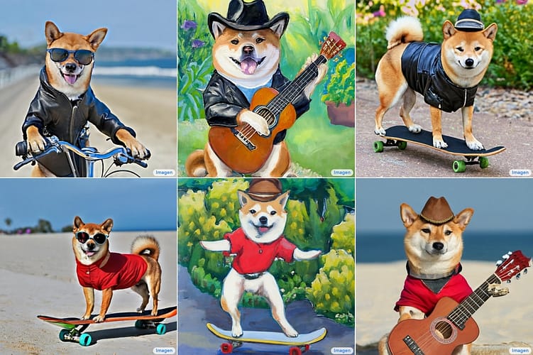 Six computer generated images of shiba inu dogs doing various things.