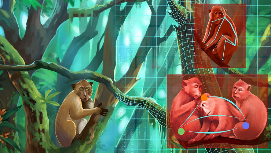 Illustration of monkeys in a tree being analyzed by an AI.