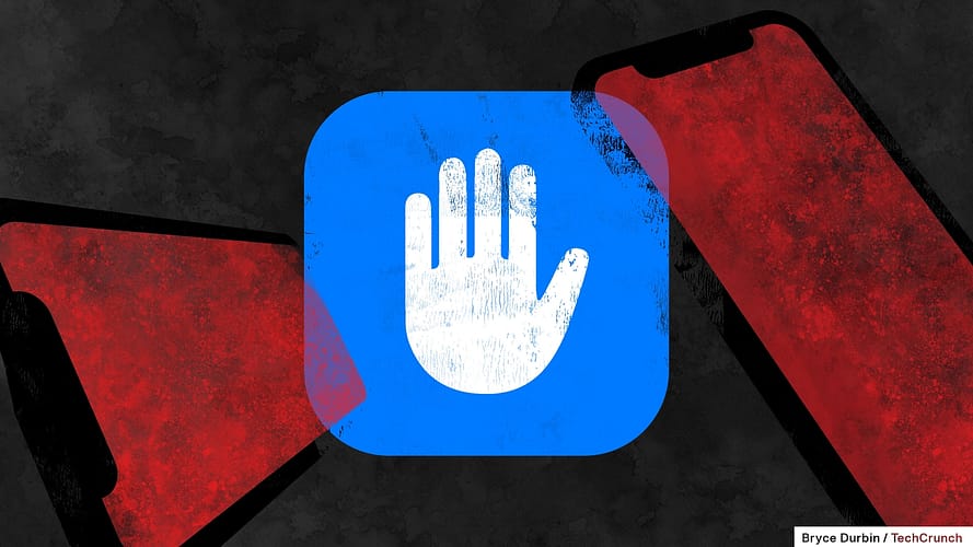 An illustration of a white hand on a blue rounded-corner square on a background with iPhones.