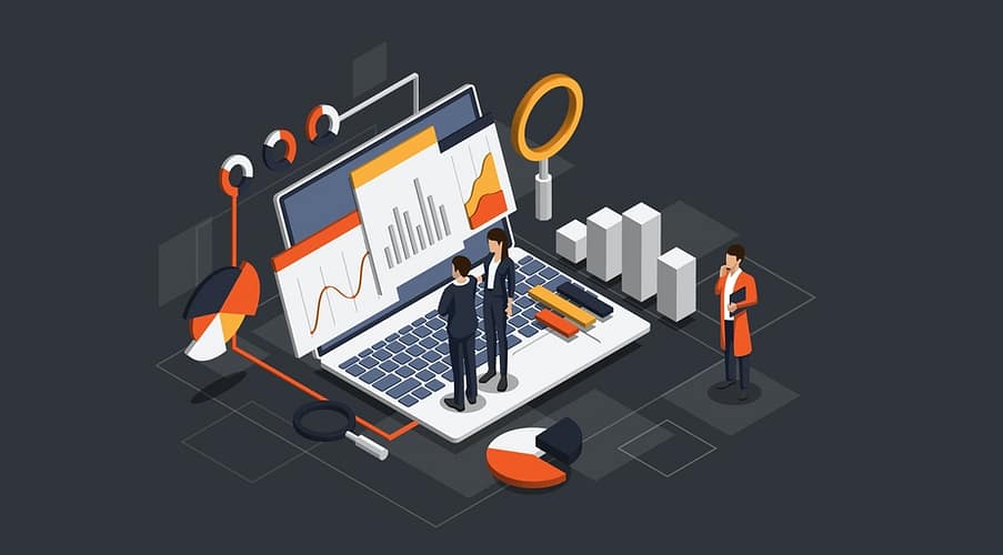 Isometric Business data analytics process management or intelligence dashboard showing sales and operations data statistics charts and key performance indicators concept. (Isometric Business data analytics process management or intelligence dashboard